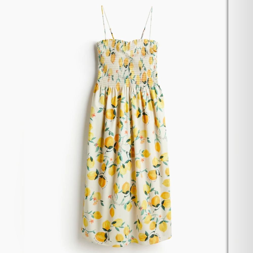 Midi Length Lemon Print Dress With Smocking